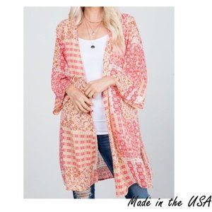 Coral Patterned Kimono - Made in USA
